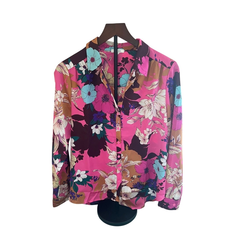Pleione Floral Print Button Down Long Sleeve Blouse Bright Pink Size M